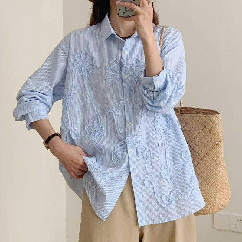 刺绣花朵森系田园风刺绣宽松百搭长袖衬衫上衣女装衬衣|undefined