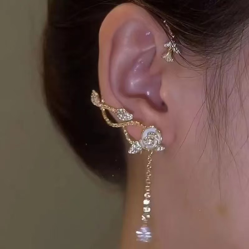 Tiktok-Style Camellia Ear Cuffs Niche Design Light Luxury High-End Ear Bone Clip Non-Pierced Tassel Long Earrings