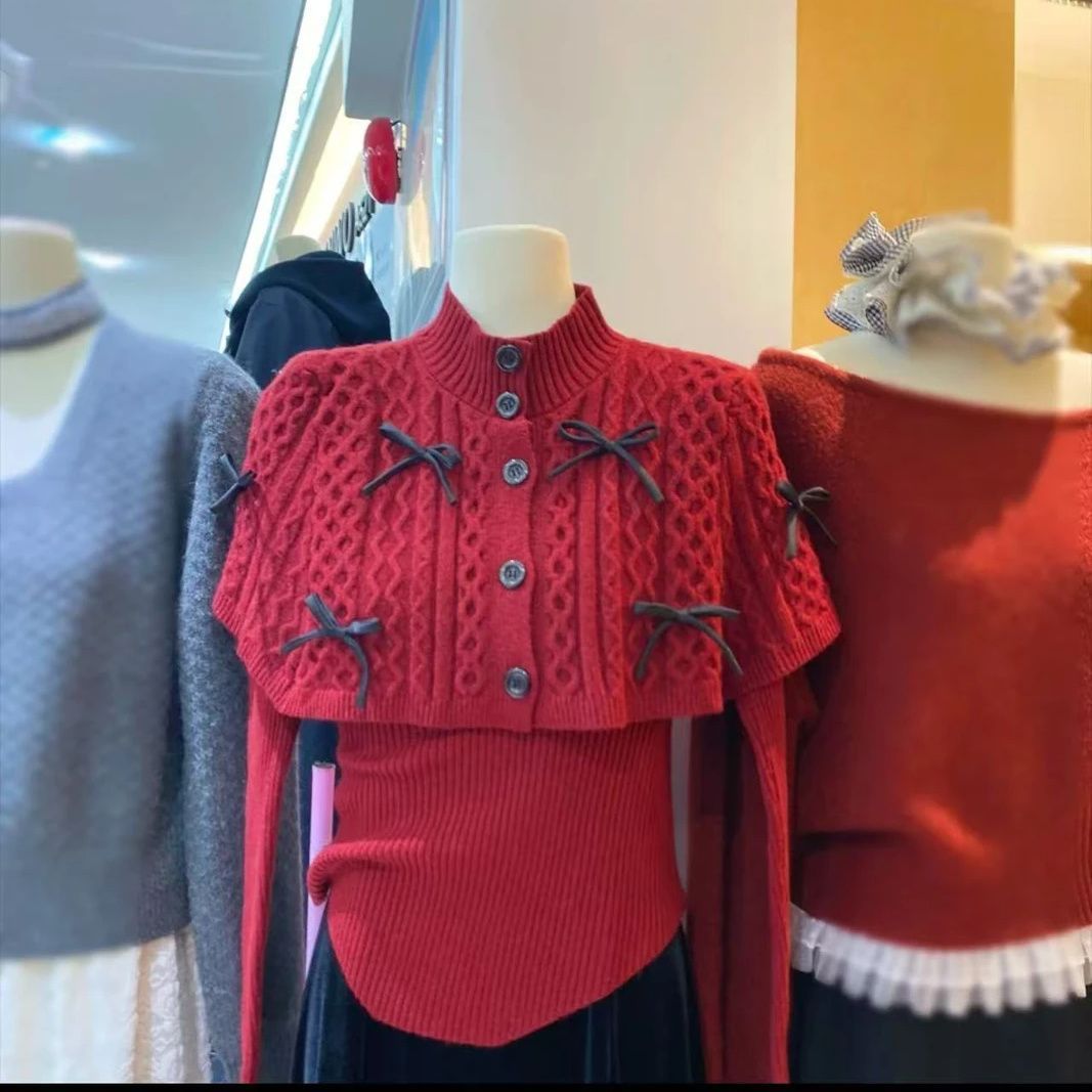 2025冬季新款温柔风时尚两件套毛衣打底针织衫套头披肩针织衫上衣