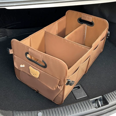 Car Trunk Storage Box Car storage bag/box - embroidered-bear-head-upgraded-material-oxford-cloth-multi-functional-storage-box-brown