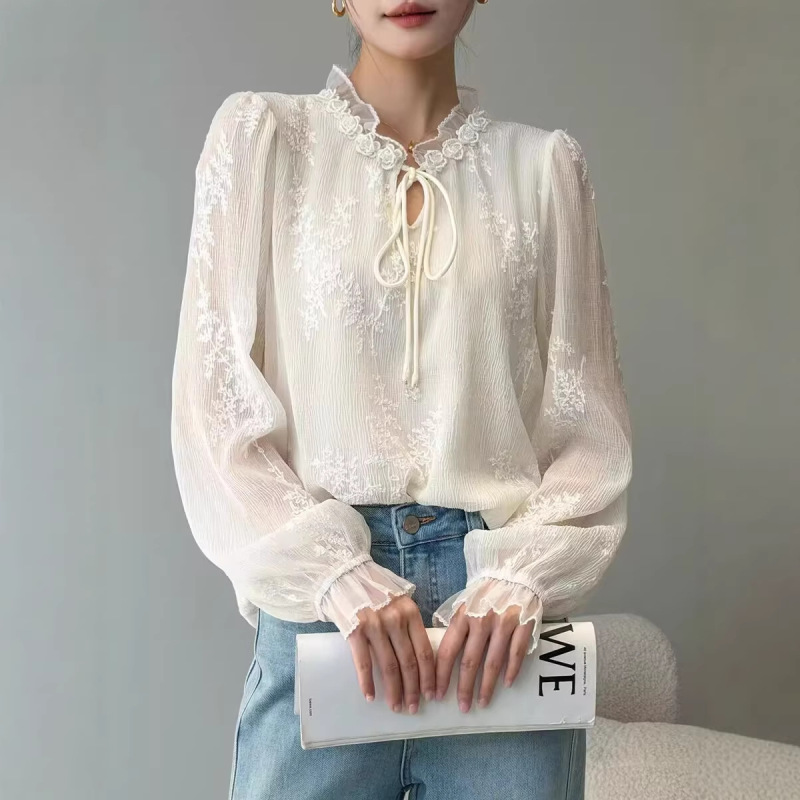 French-Style Lace Embroidery Floral Mesh Stand-Collar Long-Sleeve Chiffon Shirt for Women, 2026 Early Spring New Trendy Top French-Style Lace Embroidery Floral Mesh Stand-Collar Long-Sleeve Chiffon Shirt for Women, 2026 Early Spring New Trendy Top