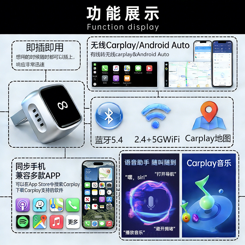 Source Factory Cross-Border Best-Selling 2-in-1 Wireless Carplay Box, Wired to Wireless Carplay Android Auto