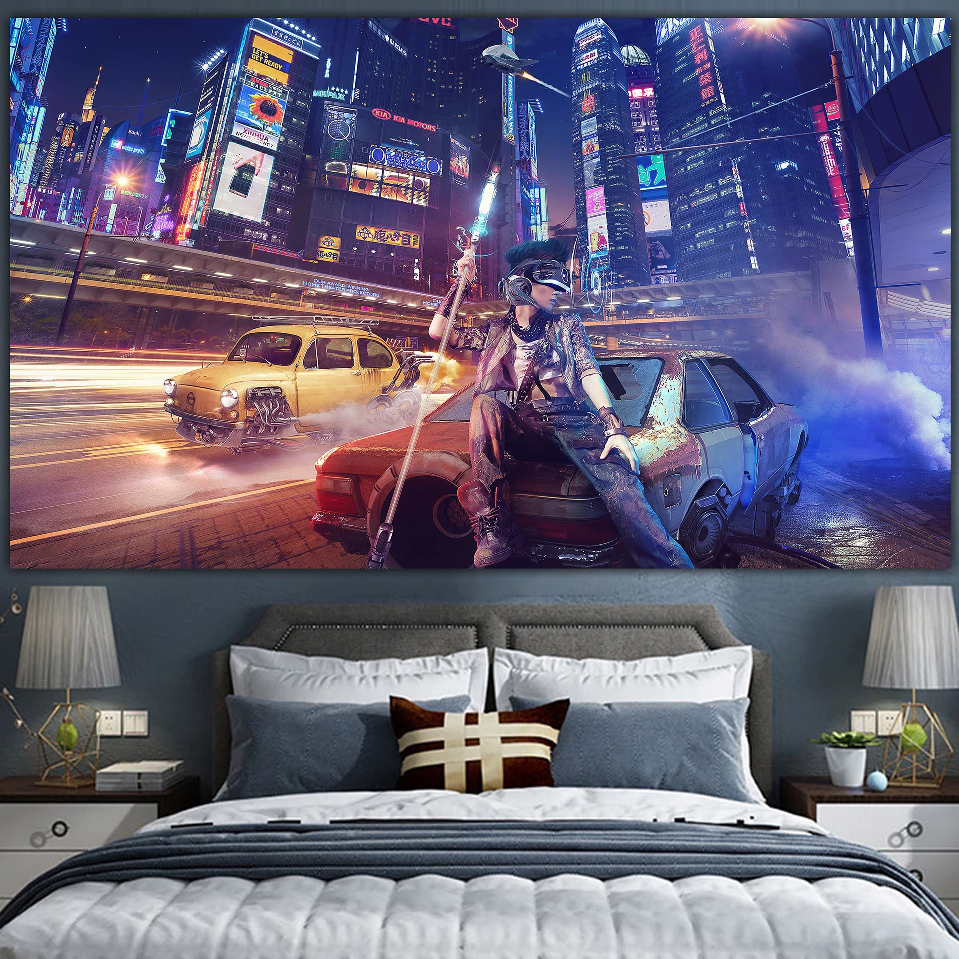 Постер cyberpunk неоновый город, размеры 38×65 см, 85×155 см, 110×200 см
