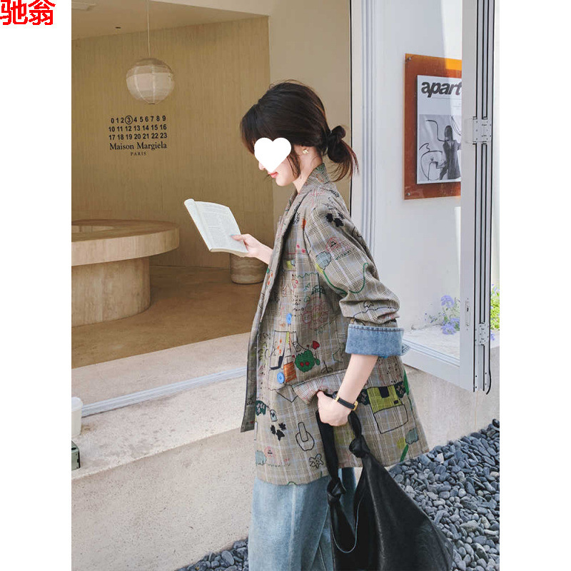 Y9Z Gray Plaid Blazer for Women, New Autumn Design, Trendy Loose Casual Graffiti Print