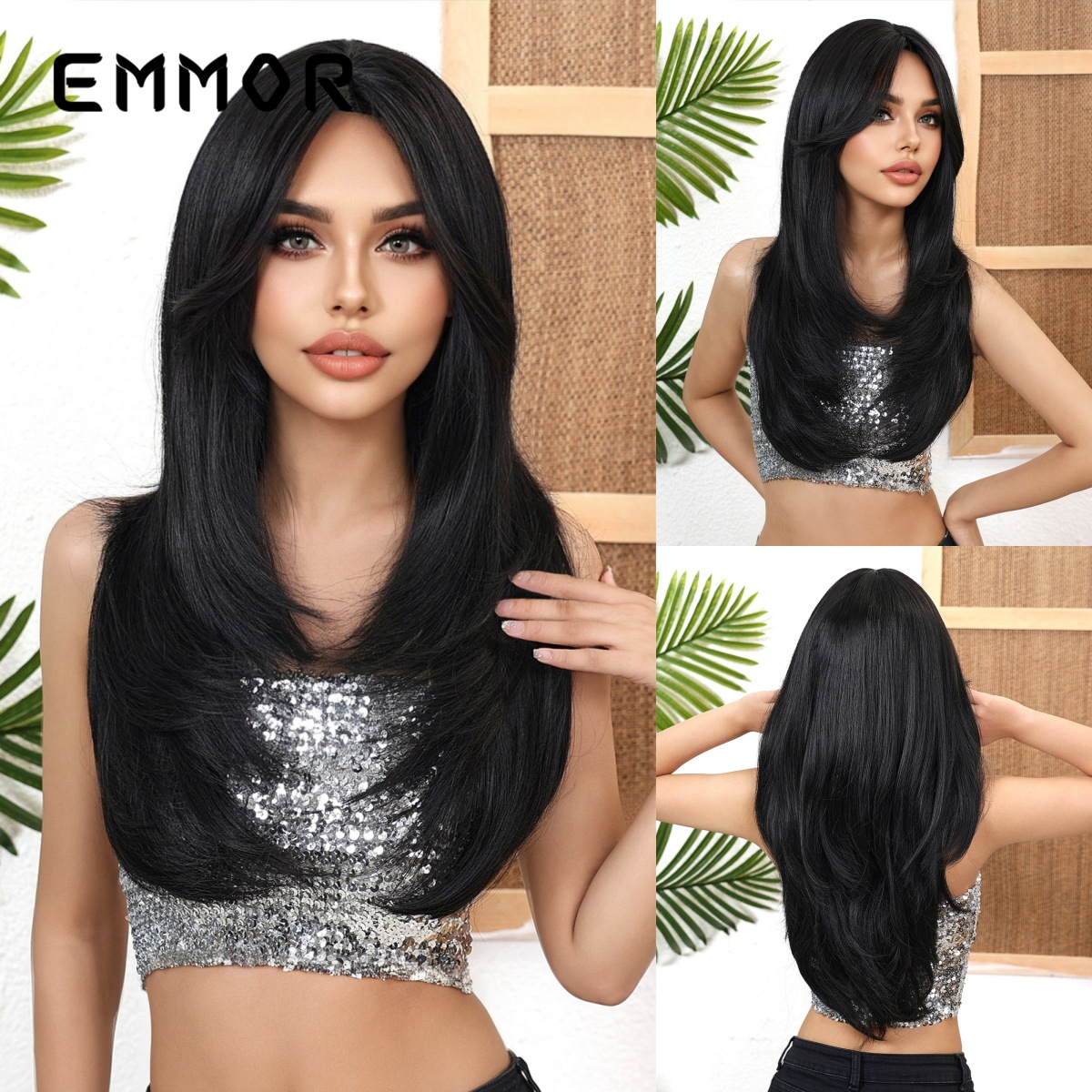 Pelucas europeas y americanas transfronterizas, cabello largo femenino, micro rizado, rojo y marrón, flequillo largo de ocho caracteres, cubierta completa diaria de alto nivel