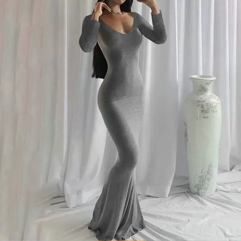 skims连衣裙跨境夏季新款纯色圆领长袖收腰包臀性感修身长款连衣