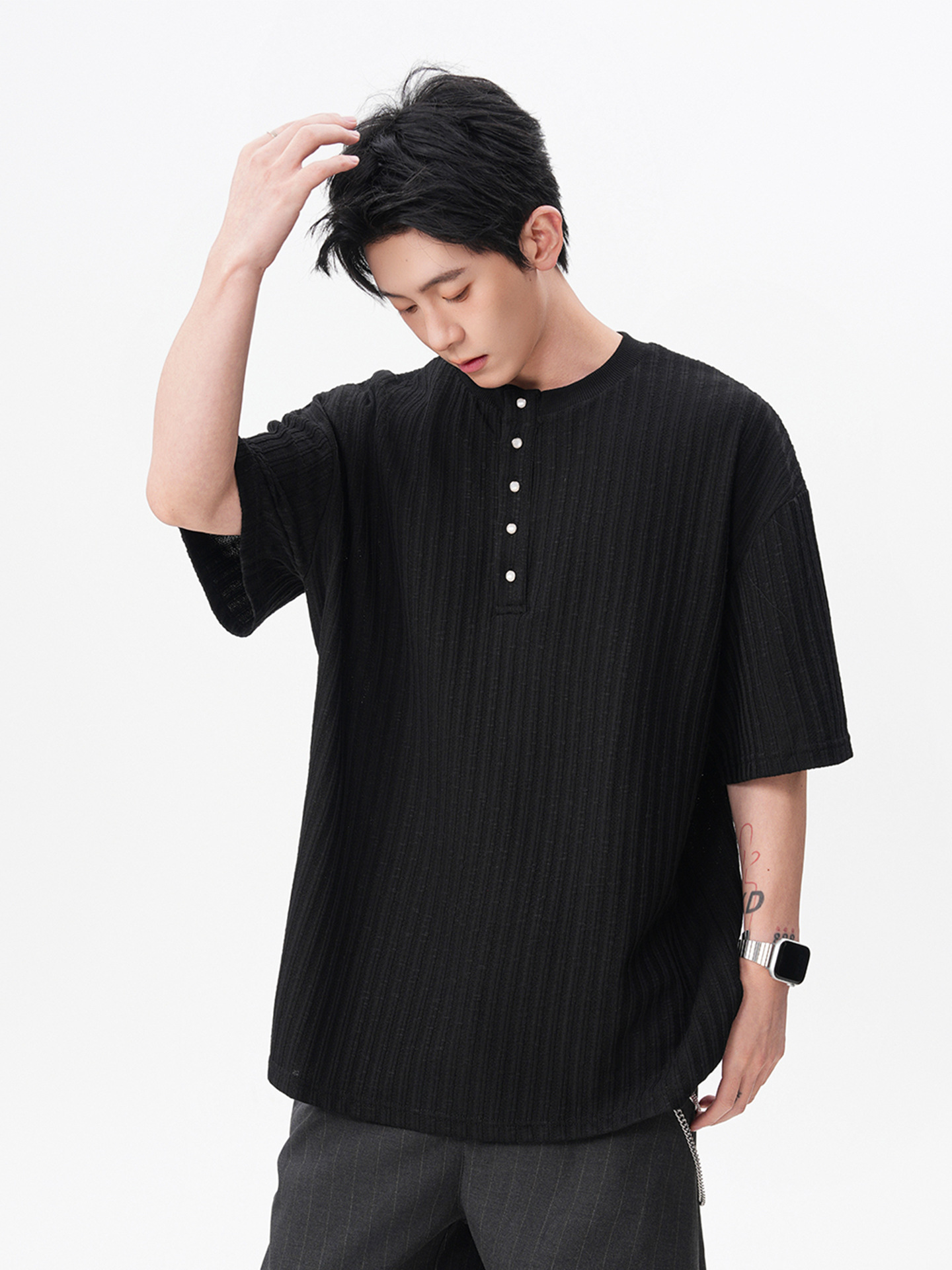 Retro knitted T-shirt, with short sleeve, oversize, American style