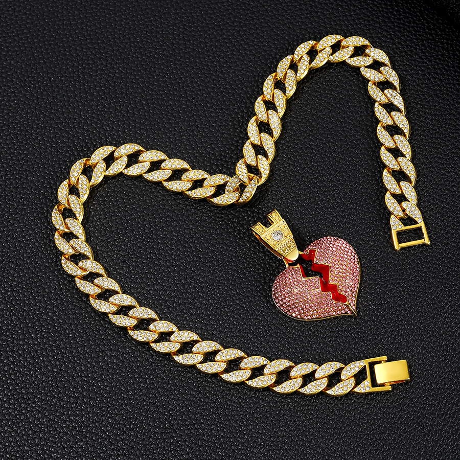 Diamond Broken Heart Necklace With Pink Crystals For Unisex_voghion.com