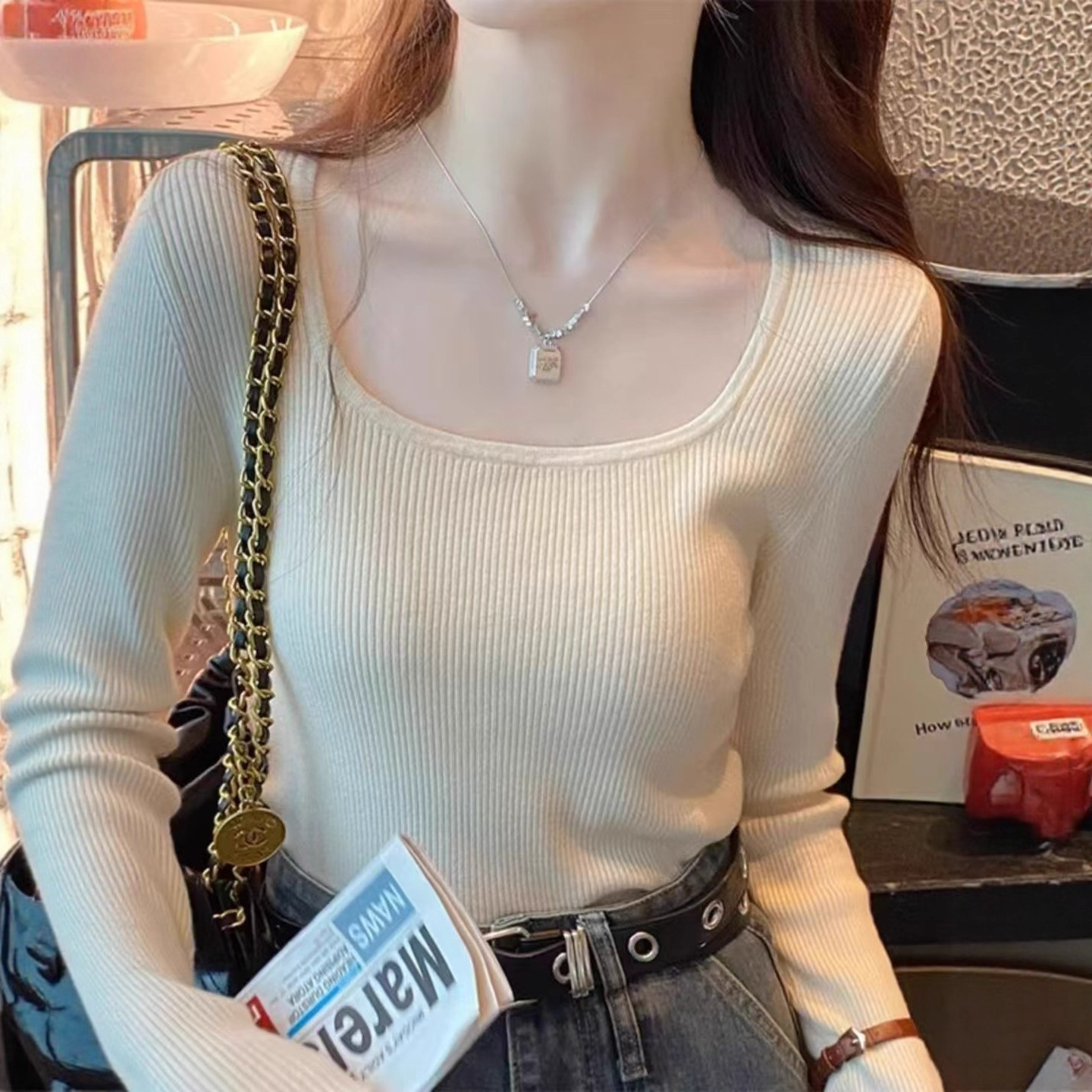 New Fashionable Square-Neck U-Neck Inner Top Base Autumn and Winter Wool Slim Simple Long-Sleeve Knitwear Women's Clothing