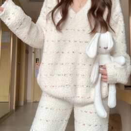 彩色点点半边绒睡衣女冬季新款加厚加绒可外穿冬天家居服套装