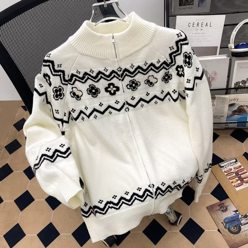 Loose and casual cardigan sweater for men and women in autumn and winter 2025, new Fair Isle ethnic style petal knit top