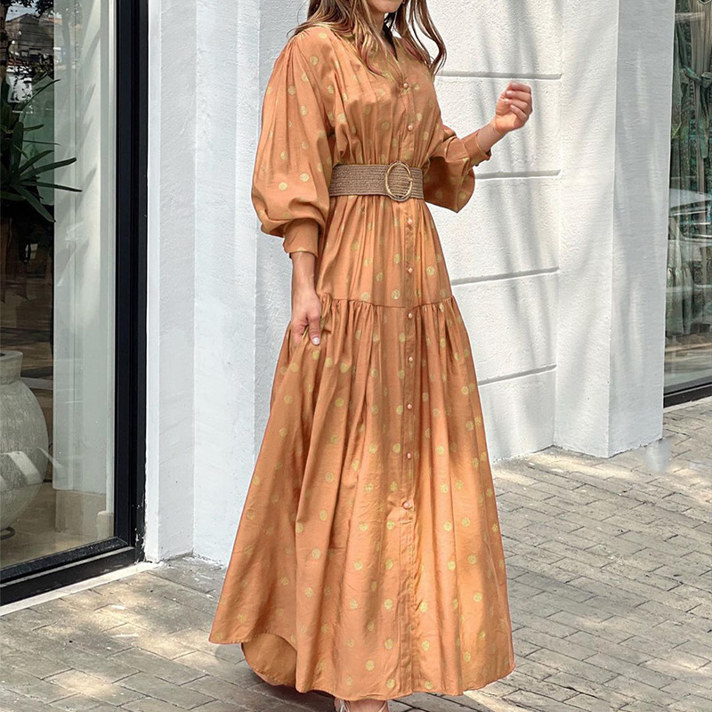 Women's Straight Skirt Fashion Standing Collar Printing Long Sleeve Polka Dots Maxi Long Dress Daily display picture 2