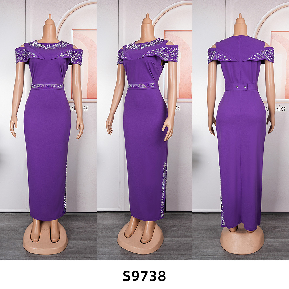 Elegante vestido largo ajustado con diseño de diamantes de imitación y mangas estilo capa: moda africana de talla grande para el trabajo y la noche._voghion.com