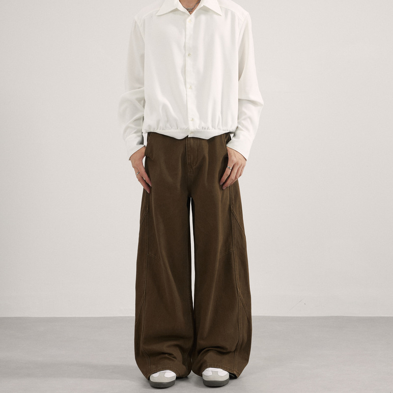 American retro dark brown wide-leg pants with a deconstructed drape, distressed workwear casual pants, unisex loose-fitting curved-leg floor-length pants American retro dark brown wide-leg pants with a deconstructed drape, distressed workwear casual pants, unisex loose-fitting curved-leg floor-length pants
