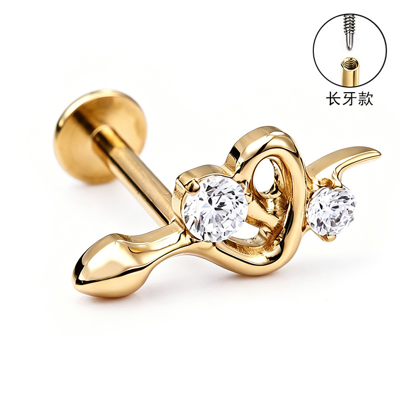F136 Titanium Alloy Ear Studs – Finely Carved Long Tooth Ear Bone Studs with Zirconia, G23 Titanium Body Piercing Jewelry in Gold detail image 38