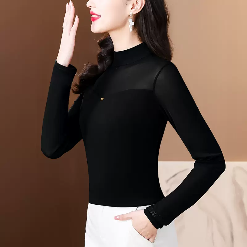 时尚妈妈网纱长袖T恤2024秋装新款洋气减龄打底衫中老年上衣小衫