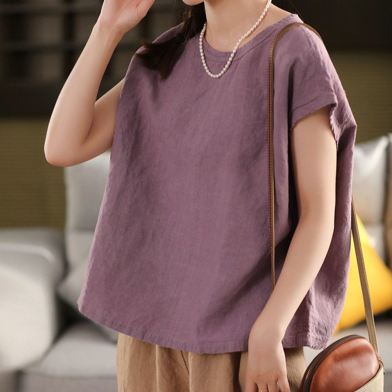 Artistic Retro Hemp Short-Sleeve Shirt for Women, Summer Cotton-Linen New Style, Loose Linen Pullover T-Shirt Top
