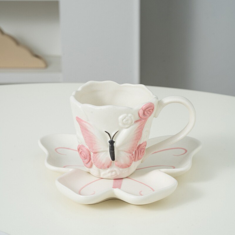 Ins風新商品ネット紅高颜値創意手つまみ手描き蝶家庭用陶磁器コーヒーカップ水杯|undefined