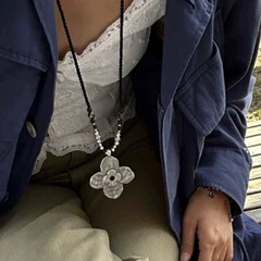 复古金属肌理感繁花拉丝做旧项链古银色花朵吊坠长款编绳毛衣链潮