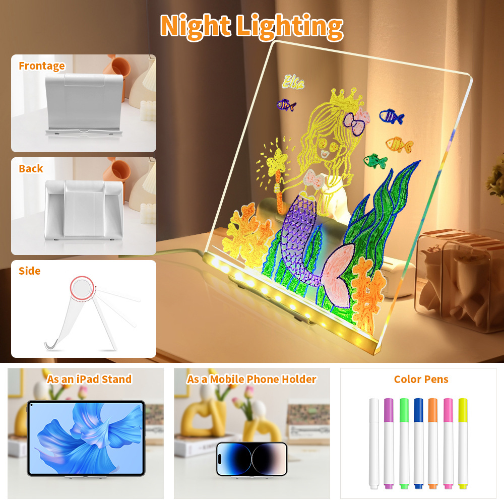 Niños LED iluminado pizarra dibujo juguetes pinceles de color arte tablero de mensajes de graffiti educativo juguetes puzzle