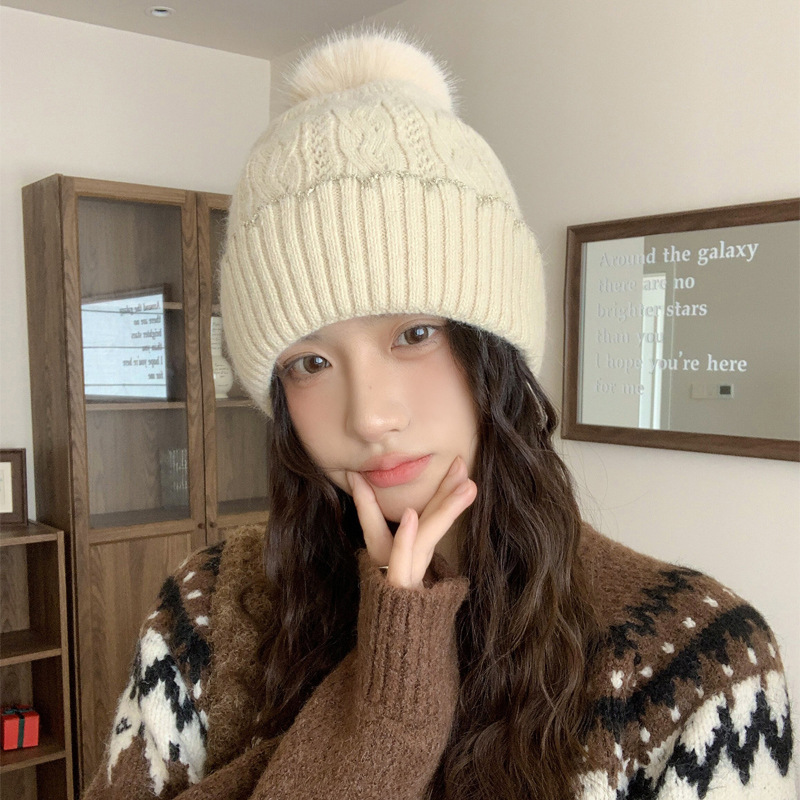 2025新款毛线帽子女秋冬保暖御寒护耳帽大头围加绒加厚毛球针织帽|undefined