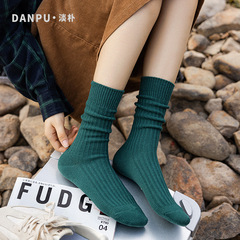 粗線長筒堆堆襪女綠色秋冬棉襪純色工裝風高筒中厚中筒網紅襪透氣