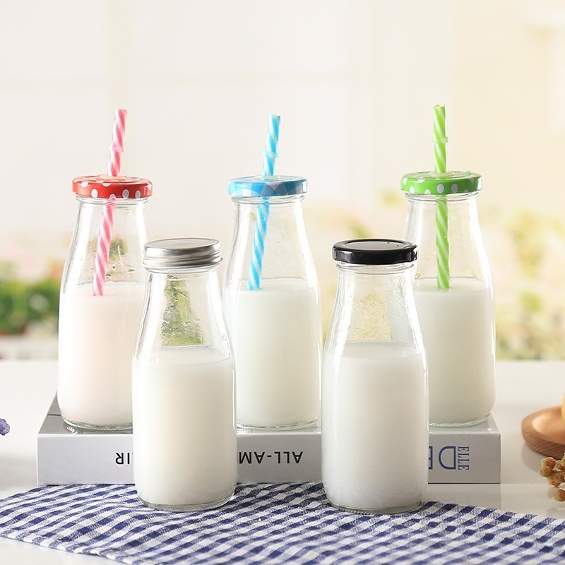 酸奶瓶 透明密封奶茶果汁饮料瓶耐高温500ml牛奶玻璃瓶吸管奶吧