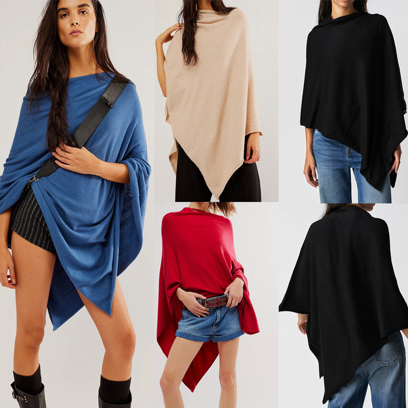 Amazon's New Women's Warm Shawl Autumn and Winter Top Pullover Asymmetrical Blouse Loose Pure Color T-Shirt