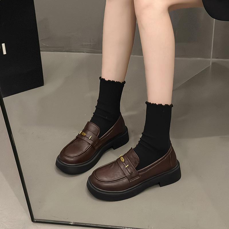 Women's Thick-soled Loafers Retro Style Round-toe Leather Shoes_voghion.com