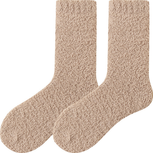Socks winter women's mid-calf socks solid color coral velvet non-shedding plus velvet thickened warm stockings postpartum socks floor socks