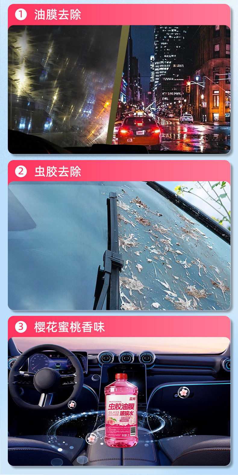 Car windshield cleaner for removing dirt and oil film, insect glue, ethanol, wiper fluid, non-stick water for summer use