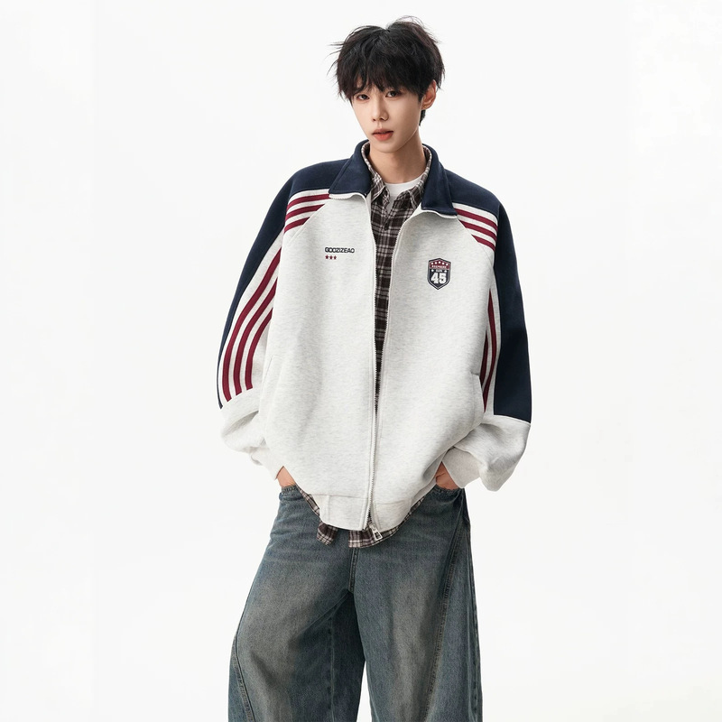 American-style striped color-block stand-collar cardigan sweatshirt for men, trendy brand, loose casual couple's sports jacket for spring and autumn