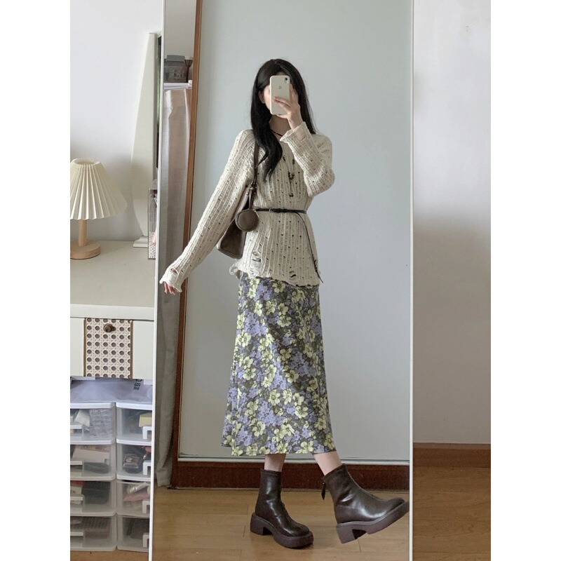 Tea-style wearing a set of overalls floral suspenders dress lazy women's spring and autumn hollow-out sweater top