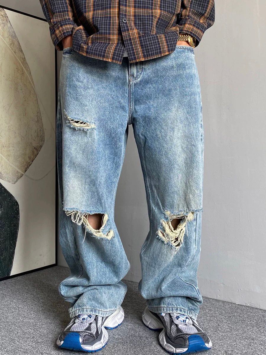 Men's Retro High Waist Dad Jeans Spring Summer Casual Loose Fit Wide Leg Ripped Straight Leg Floor Length_mkmklike.com