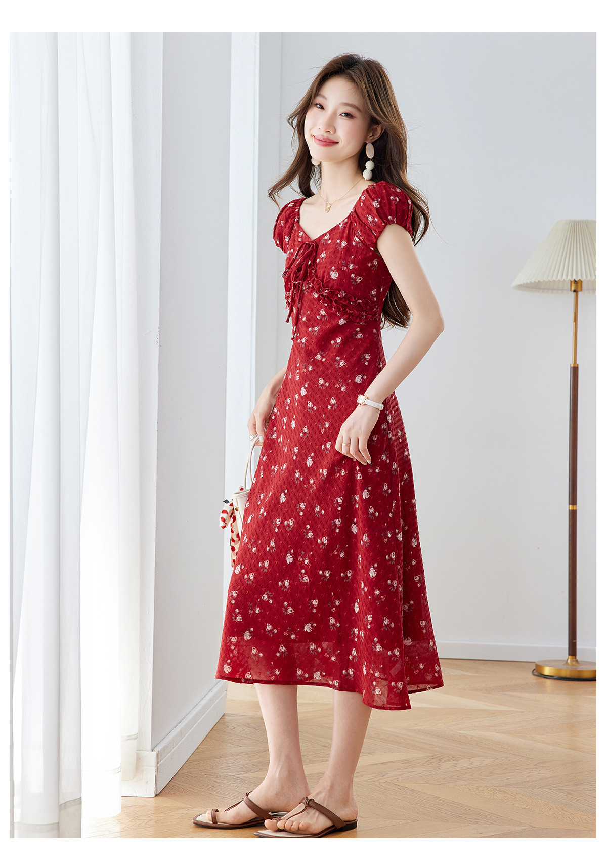 Đầm maxi nữ thắt eo cổ V họa tiết hoa nhí phong cách Pháp — màu vàng, màu đỏ chi tiết 21