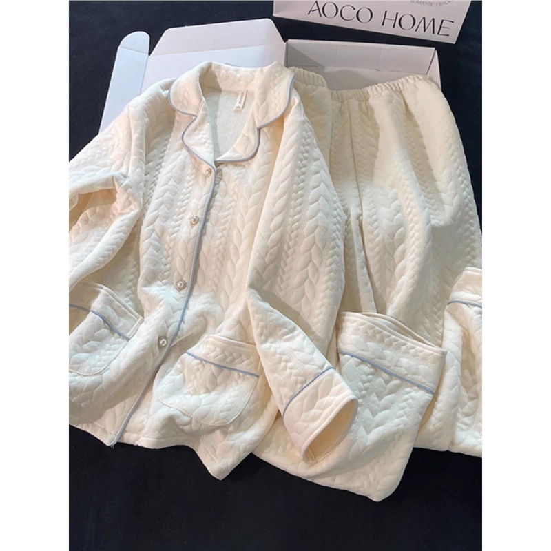 Pijamas de algodón de aire de alta calidad para mujeres primavera y otoño gruesas y simples combinación de colores invierno se puede usar fuera conjunto de ropa de casa