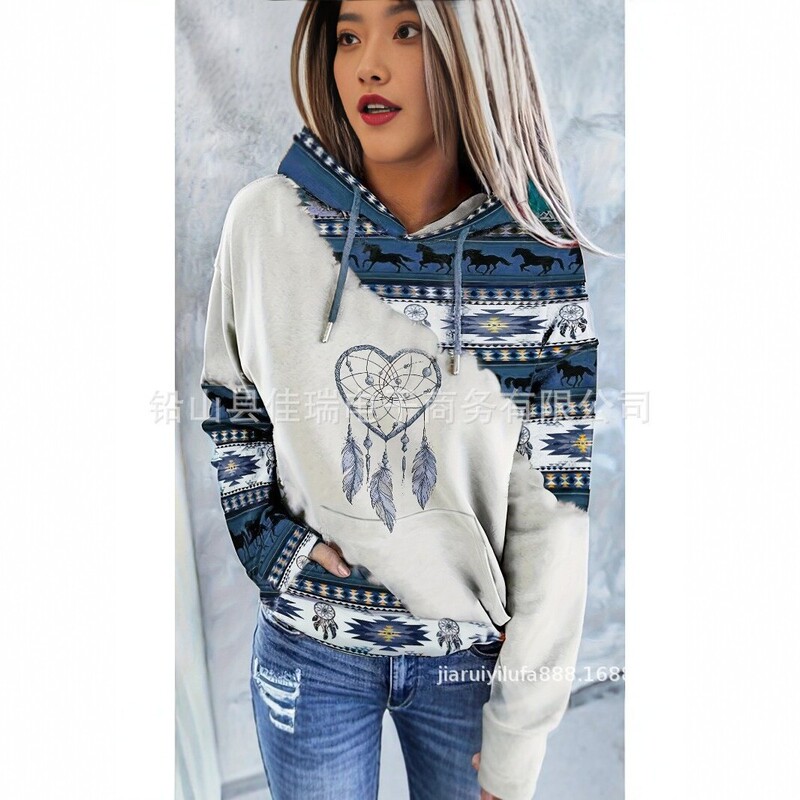 Cross-border European and American ethnic-style 3D printed hooded sweatshirt for women, featuring an Aztec dreamcatcher design, casual top