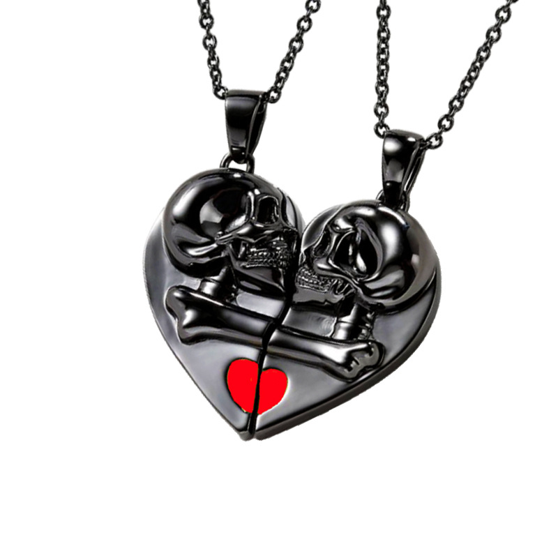 Halloween Festival Heart Shape, Skull Pattern Retro Heart Shape Skull Alloy Cable Chain Pendant Necklaces Wholesale