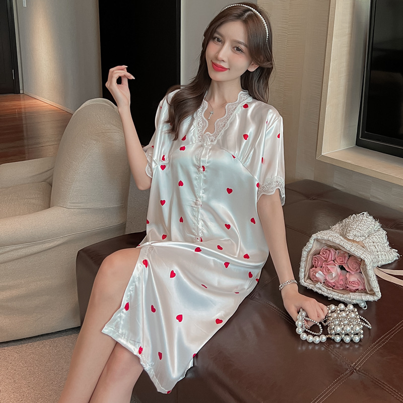 2021 new pattern Nightdress summer Borneol sexy Thin section fairy spring and autumn Mid length version Red pajamas