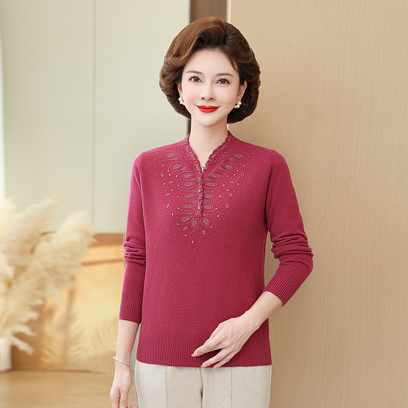 100%纯羊毛针织打底衫女士全毛洋气旗袍领妈妈秋冬装中老年人毛衣，女装针织衫/毛衣，妃慕昵服饰