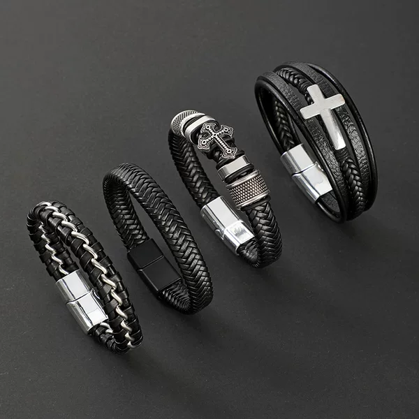 TEMU cross-border hot cross leather woven bracelet stainless steel chain fashion magnet buckle men's leather bracelet