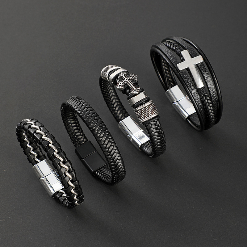 TEMU cross-border hot cross leather woven bracelet stainless steel chain fashion magnet buckle men's leather bracelet