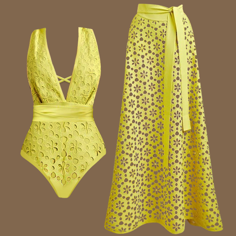 Spot nuevo estilo europeo y americano Amazon AliExpress con cuello en V, traje de baño de una pieza de sentido avanzado hueco, playa de vacaciones para mujer 25340