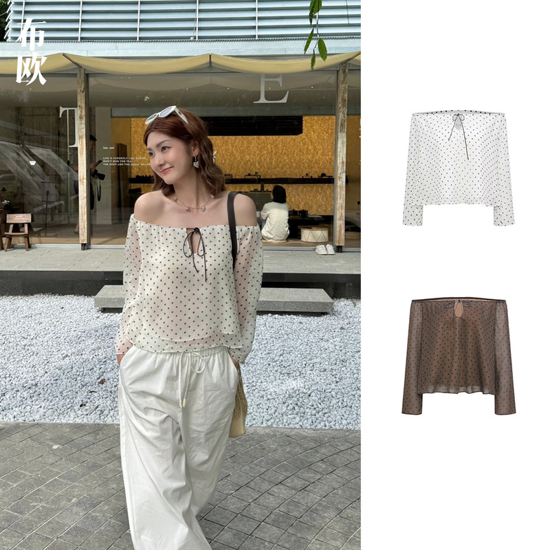 [Clearance, No Returns/Exchanges] Original Factory Watermark Fabric Vacation-Style Polka Dot Two-Way Tie-Up Small A-Line Top for Women