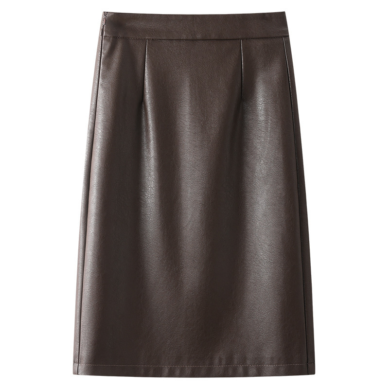 Brown Leather Skirt with Slit, Women's 2025 New Fashion Trendy Popular Autumn and Winter Design Hip-Hugging Long Skirt