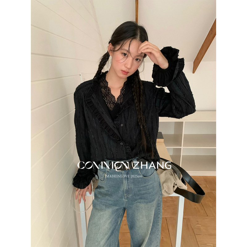 Cz Zhangb Autumn Wooden Ear Flared Sleeve Lace Collar Jacquard Shirt Women's Lazy Style Casual Top B43127