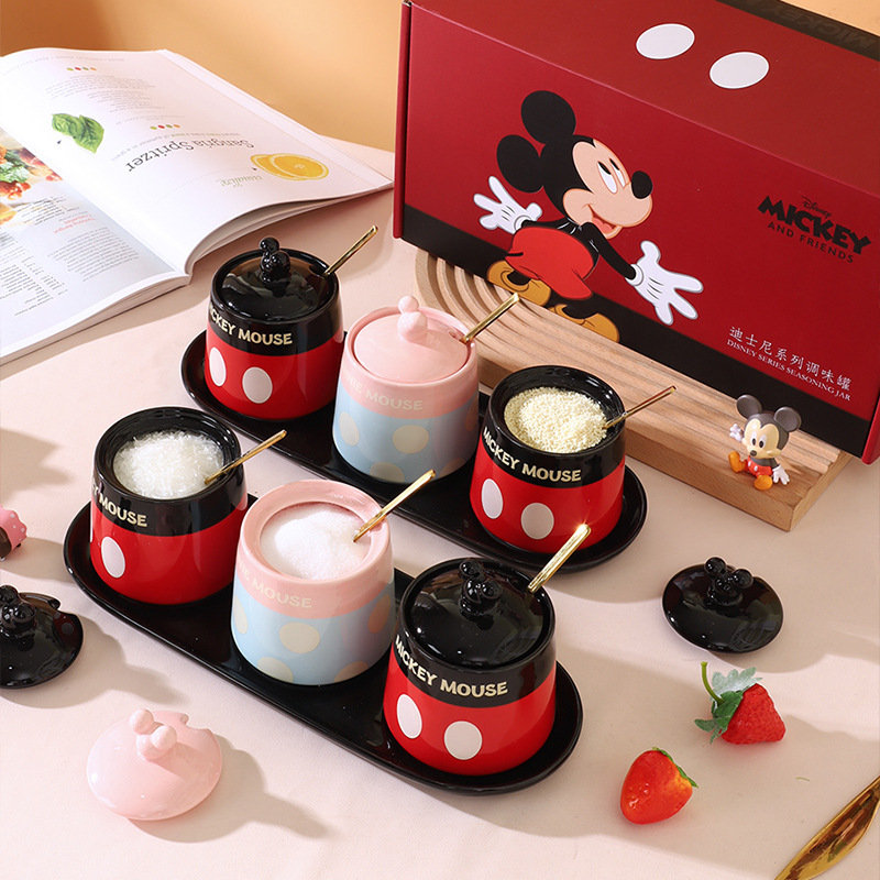 Conjunto de recipiente de condimento de cerámica de Mickey, caja de regalo, recipiente de sal con cuchara, recipiente de condimento de cocina, caja de condimento doméstica