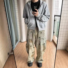 欧美式重工脏洗阔腿牛仔裤男无性别潮牌高街水洗做旧宽松弯刀裤子
