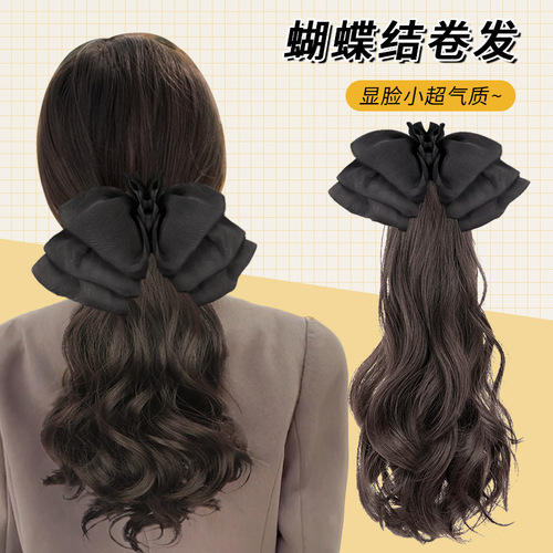 Ponytail wig for women with big wave bow, high ponytail artificial hair, long curly hair, fluffy fake braids