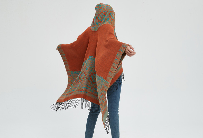 Cape à pompon unisexe Cape à capuche en jacquard de style ethnique automne-hiver_voghion.com